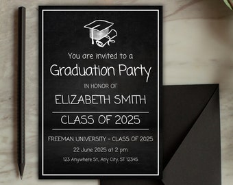 Editable Graduation Party Invitation Canva Template, Grad Party Invite, Digital Graduation Evite, Printable Chalkboard Graduation Invitation