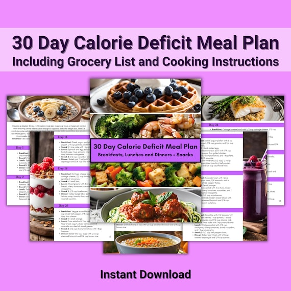 Printable 30-Day Calorie Deficit Meal Plan & Grocery List, Digital Healthy Meal Prep Guide, Monthly Weekly Meal Planner, Weight Loss Recipes