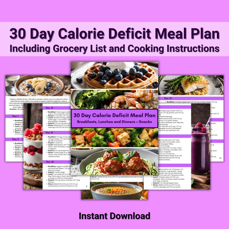 Printable 30-Day Calorie Deficit Meal Plan & Grocery List, Digital Healthy Meal Prep Guide, Monthly Weekly Meal Planner, Weight Loss Recipes