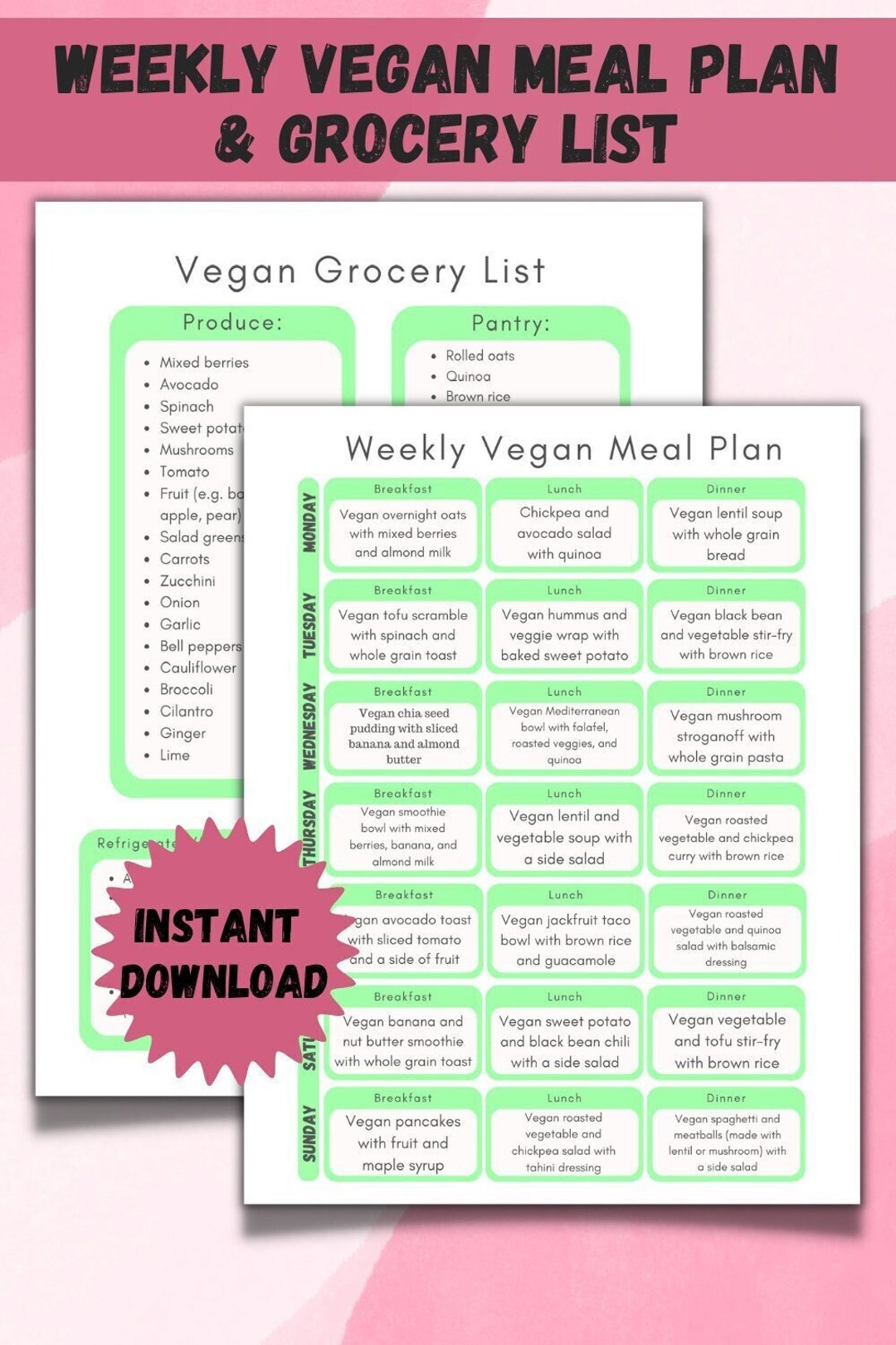 Weekly Vegan Meal Plan + Vegan Grocery List Printable, Shopping List ...