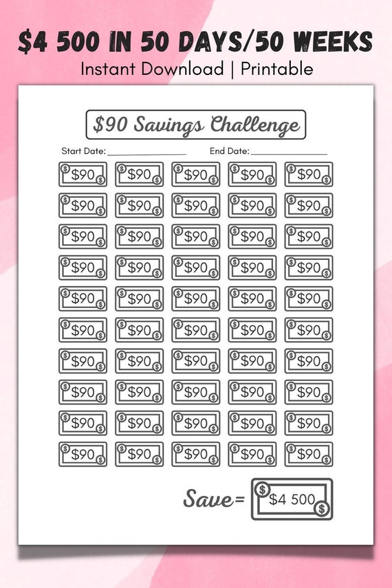 Savings Challenge Printable 90 Dollars Mini Savings Tracker 50