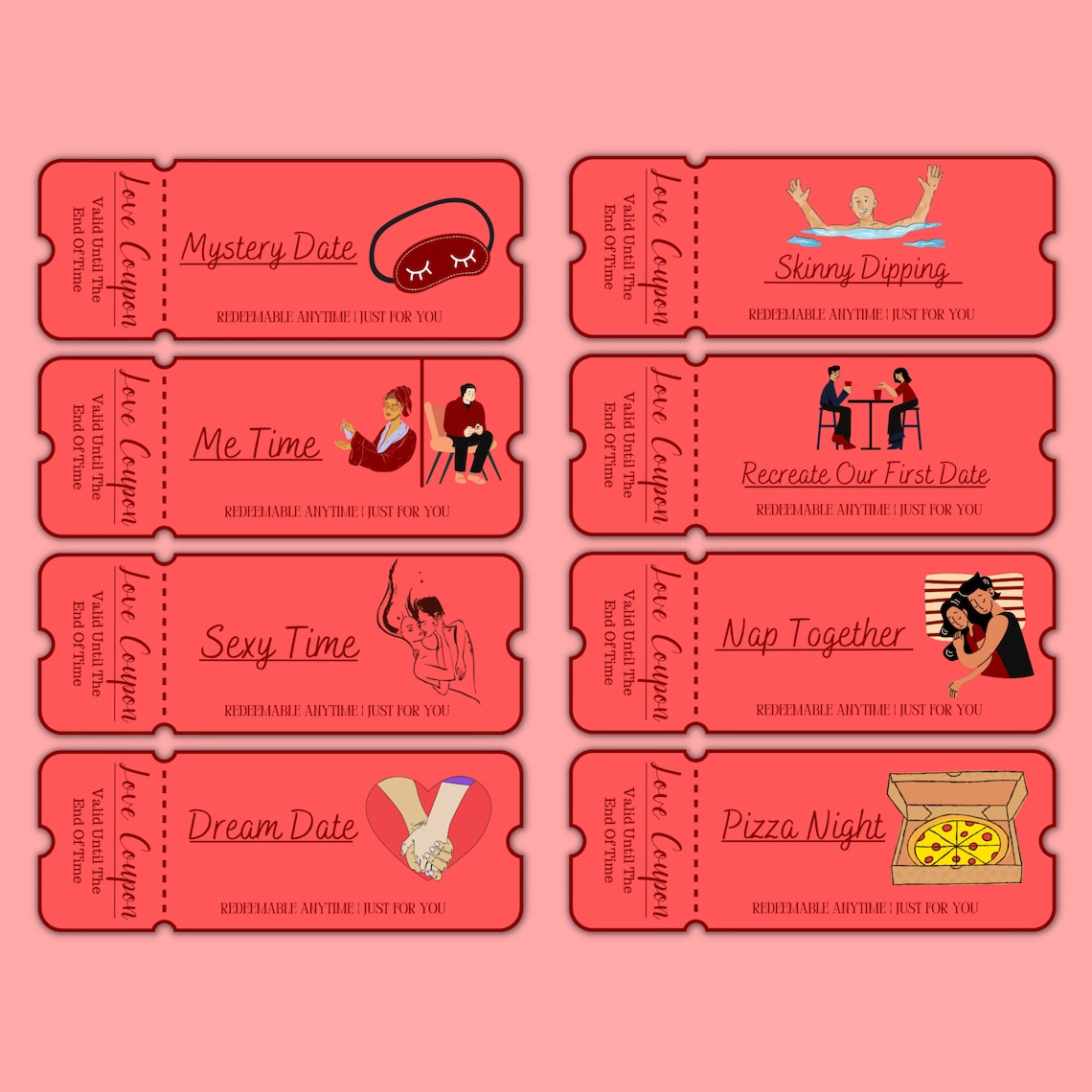 100 Printable Love Coupons for Him and Her, Couple Coupons, Valentines