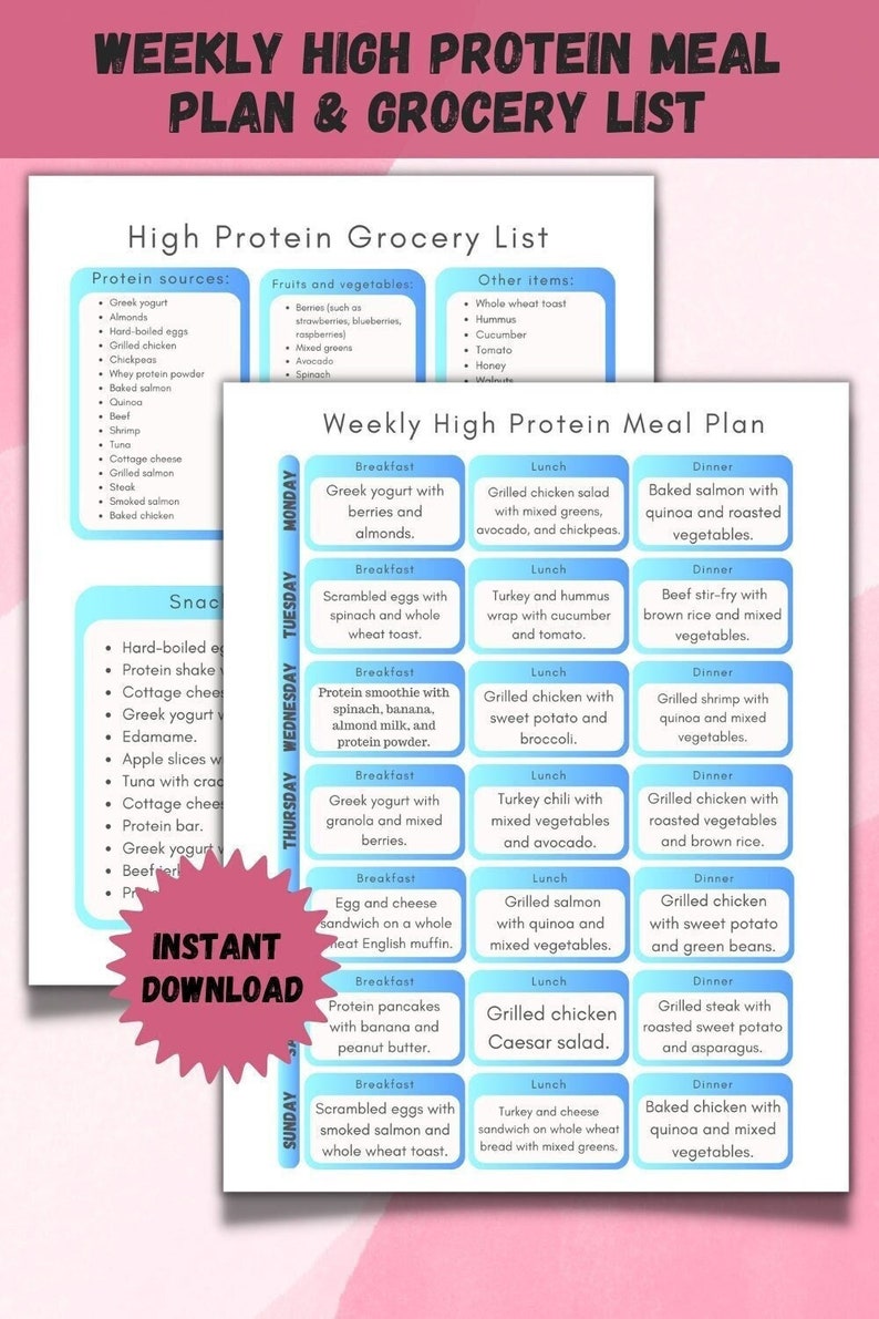 Weekly High Protein Meal Plan & Grocery List Printable, Shopping List