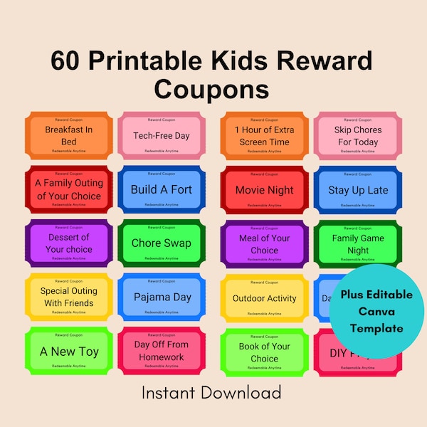 60 Printable Kids Reward Coupons, Kids Coupons, Gift for Children, Personalized Coupons, Editable Canva Template, Coupon Reward Tickets