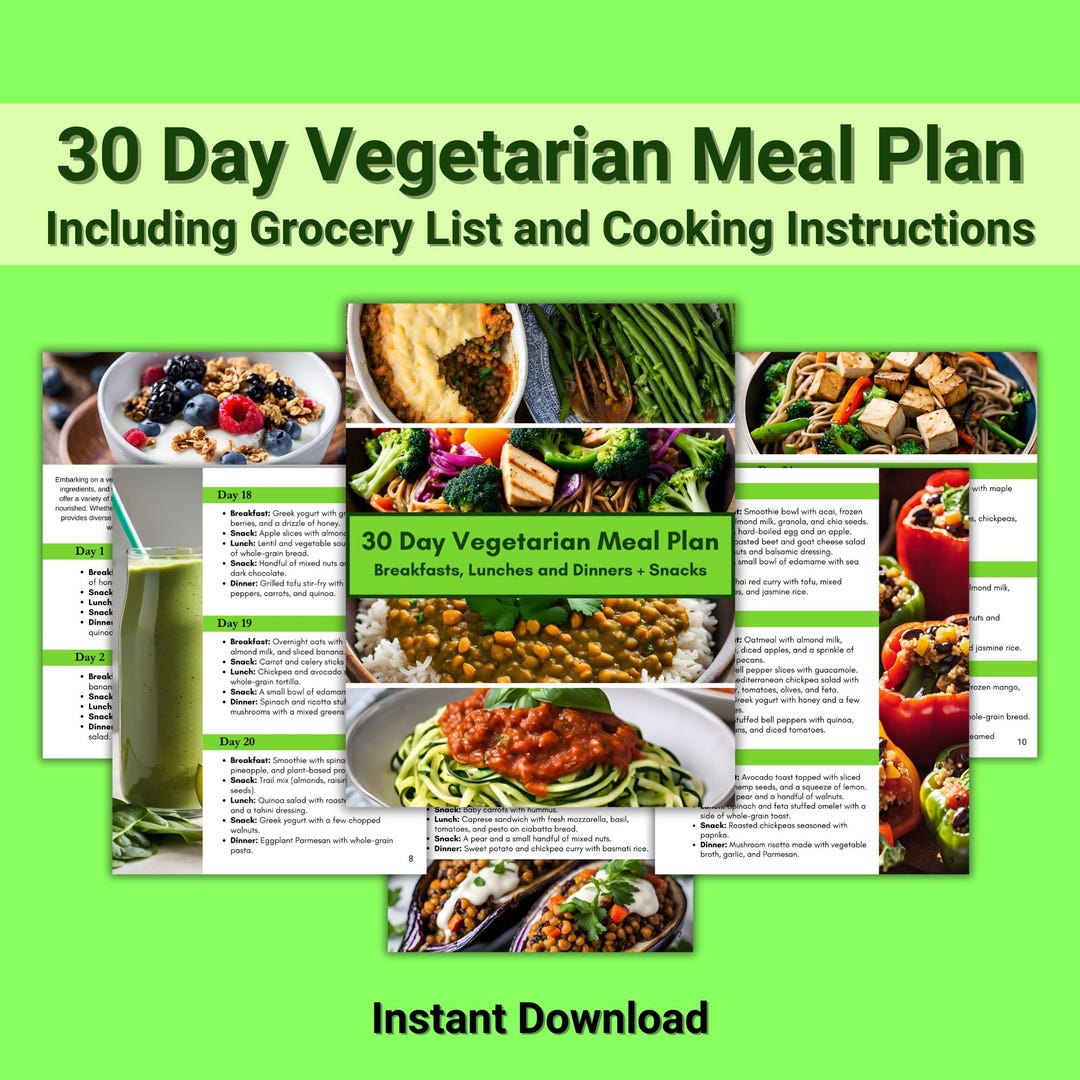 Printable 30 Day Vegetarian Meal Plan & Grocery List, Healthy Breakfast ...