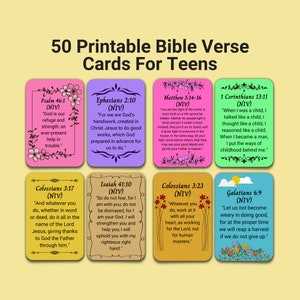 Tarjetas de versículos bíblicos imprimibles para adolescentes, herramientas de estudio bíblico, tarjetas de versículos para memorizar, afirmaciones bíblicas coloridas, regalo cristiano para adolescentes