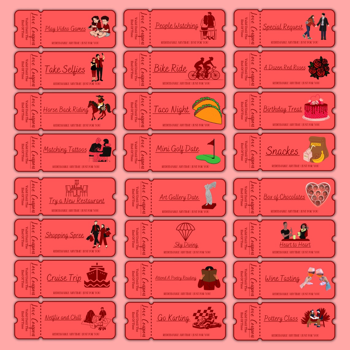 100 Printable Love Coupons for Him and Her Couple Coupons Valentines 100 Printable Love Coupons for Him and Her Couple Coupons Valentines