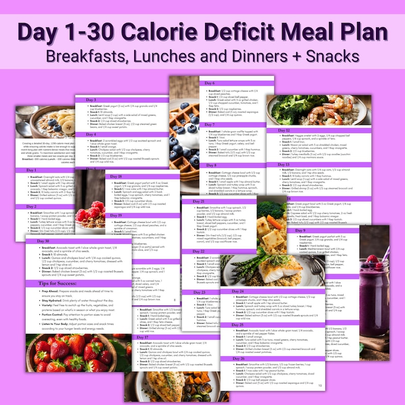May include: A 30-day calorie deficit meal plan with a list of breakfasts, lunches, dinners, and snacks for each day. The meal plan includes a variety of foods, including fruits, vegetables, lean protein, and whole grains. The meal plan also includes tips for success, such as preparing ahead of time, staying hydrated, and listening to your body.