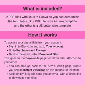 May include: Pink and white text on a pink background explaining how to access digital files purchased on Etsy. The text includes instructions on how to access the Downloads page and how to download files.