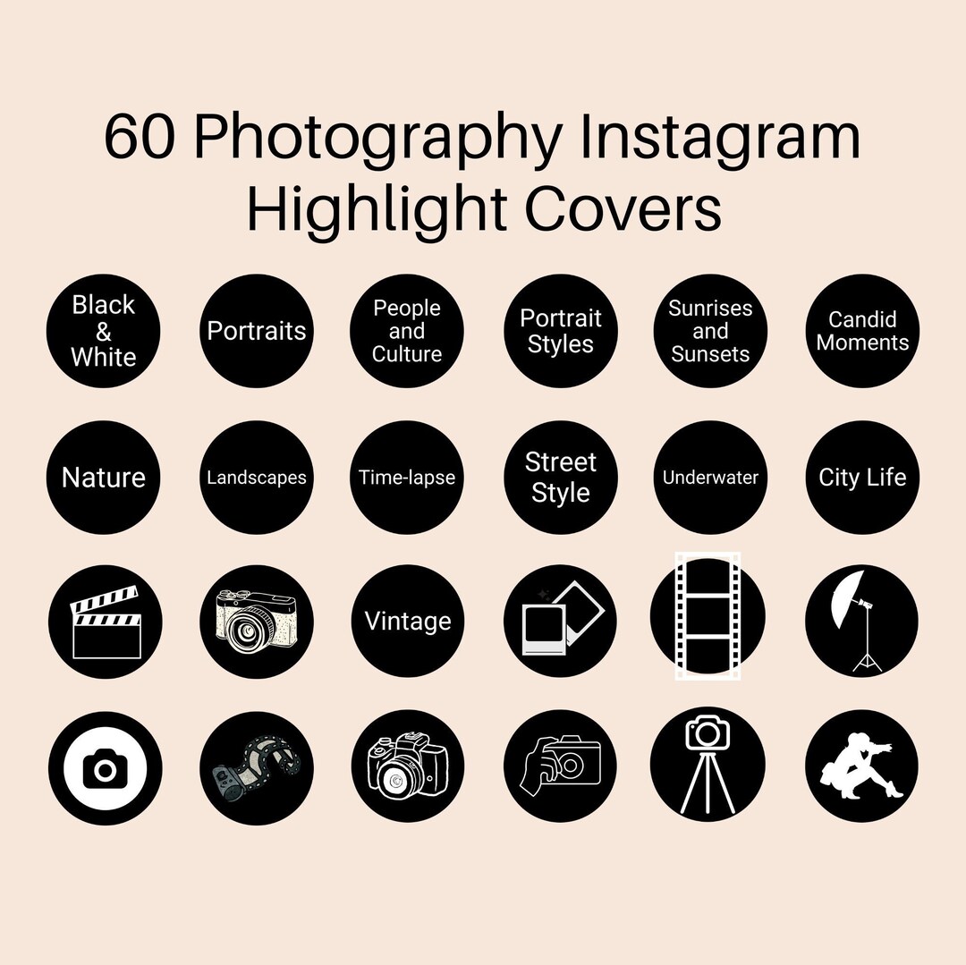 60 Photography Instagram Highlight Covers, Black and White Photography IG Icons, Instagram