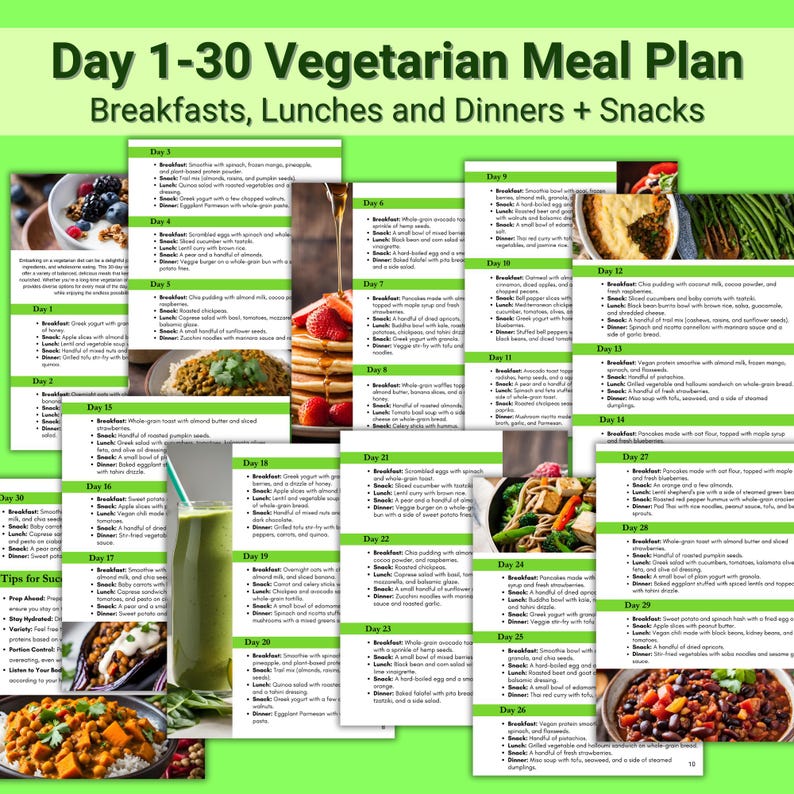 Printable 30 Day Vegetarian Meal Plan & Grocery List, Healthy Breakfast ...