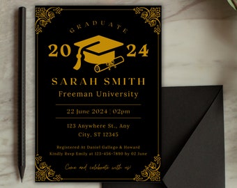 Editable Graduation Party Invitation Canva Template, Grad Party Invite, Digital Graduation Evite, Printable Black Graduation Ceremony Invite