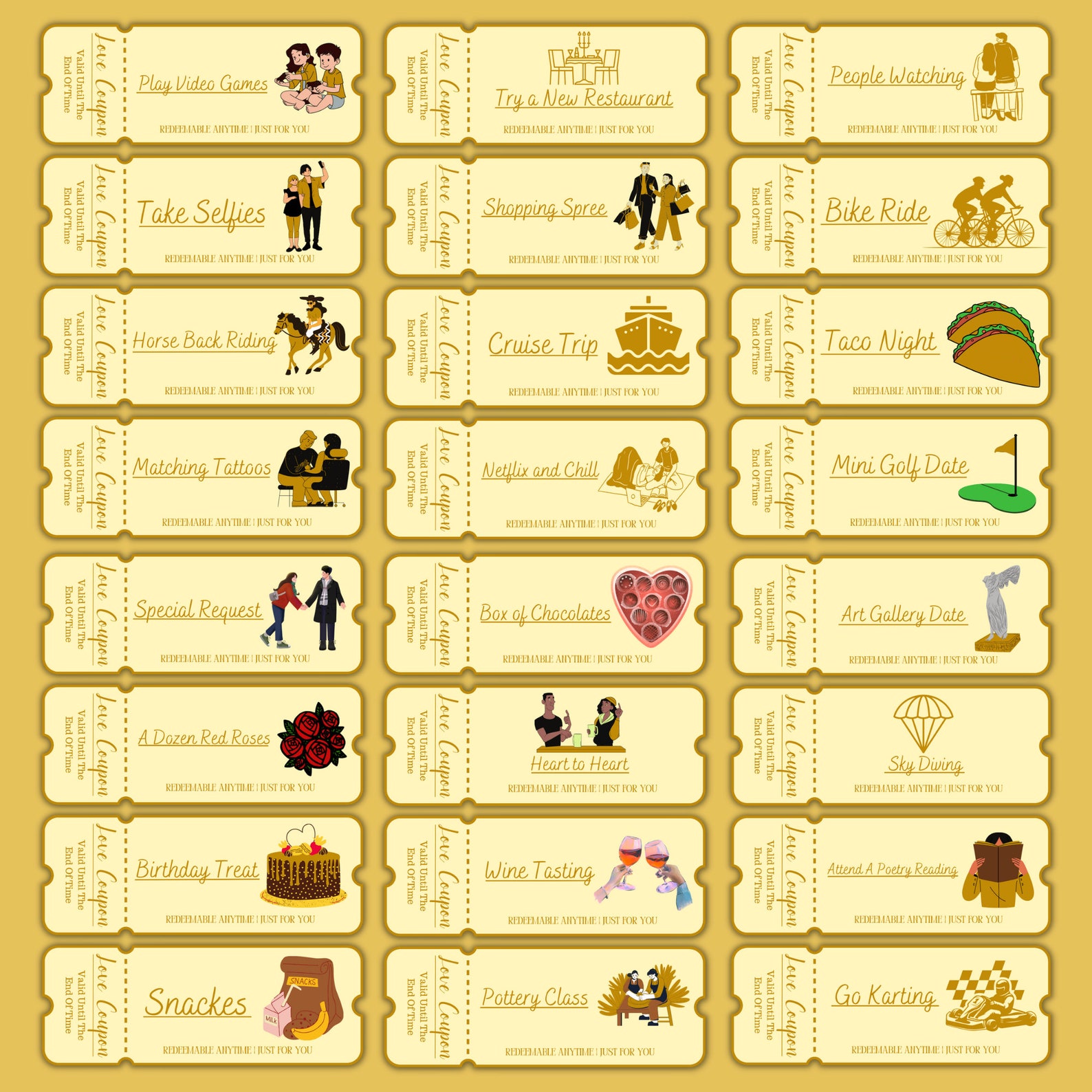 100 Printable Love Coupons for Him and Her, Couple Coupons, Valentines Day Gift, Romantic ...