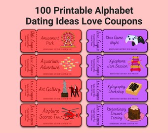 100 Printable Date Ideas Cards, Couple Love Coupons, Date Night Cards, Valentines Day Gift, Alphabet Dating Ideas, Editable Canva Template