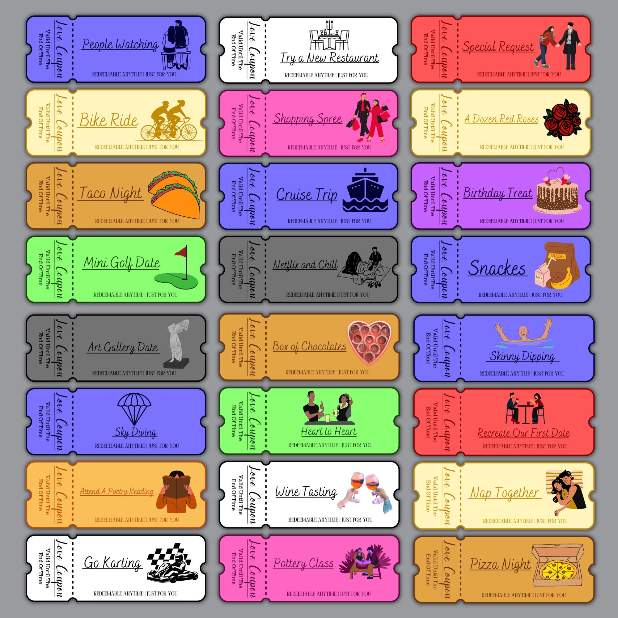 100 Printable Love Coupons for Him and Her, Couple Coupons, Valentines ...