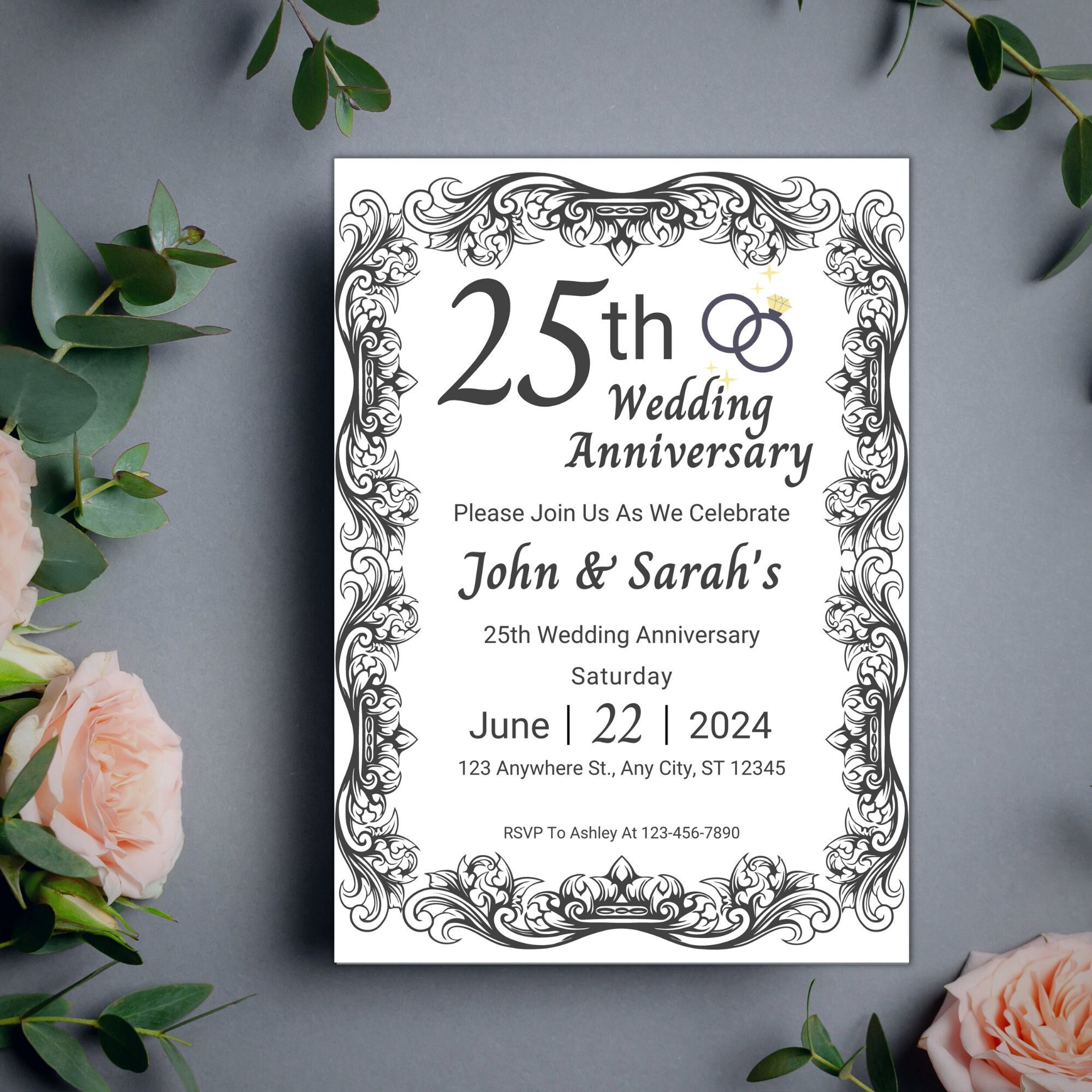 25th Wedding Anniversary Invitation Canva Template, Printable Vow Renewal Evite, Editable Invitations, Digital Invite, Instant Download