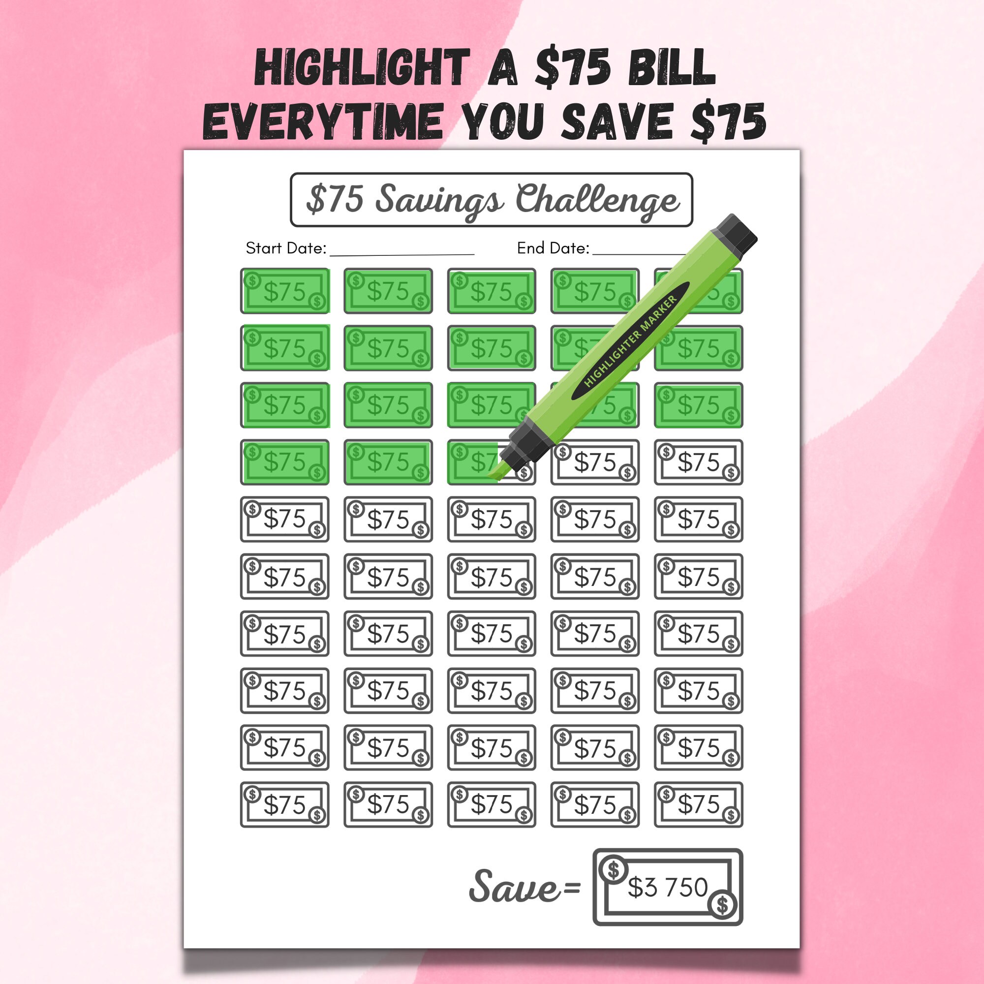 75 Dollar Savings Challenge Printable, Mini Savings Tracker, 50 Day ...