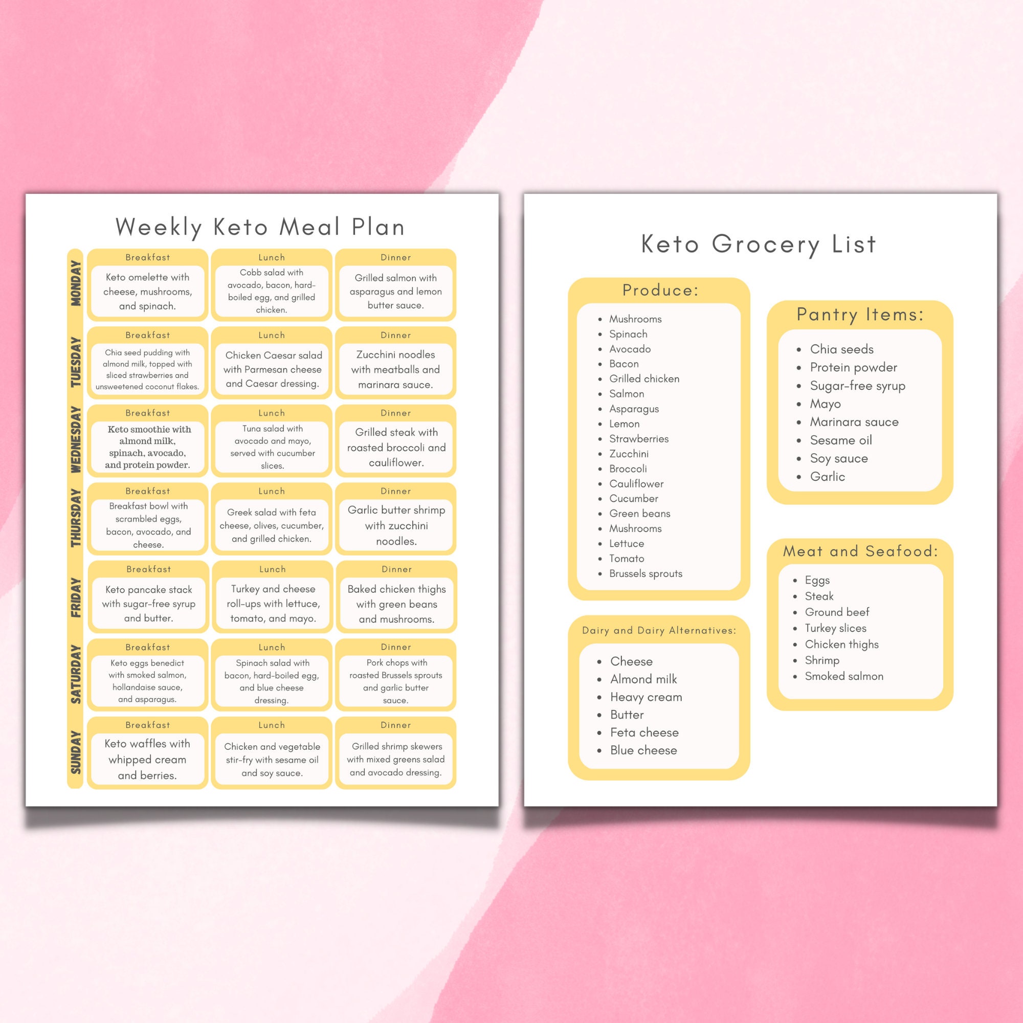 Weekly Keto Meal Plan & Grocery List Printable, Shopping List