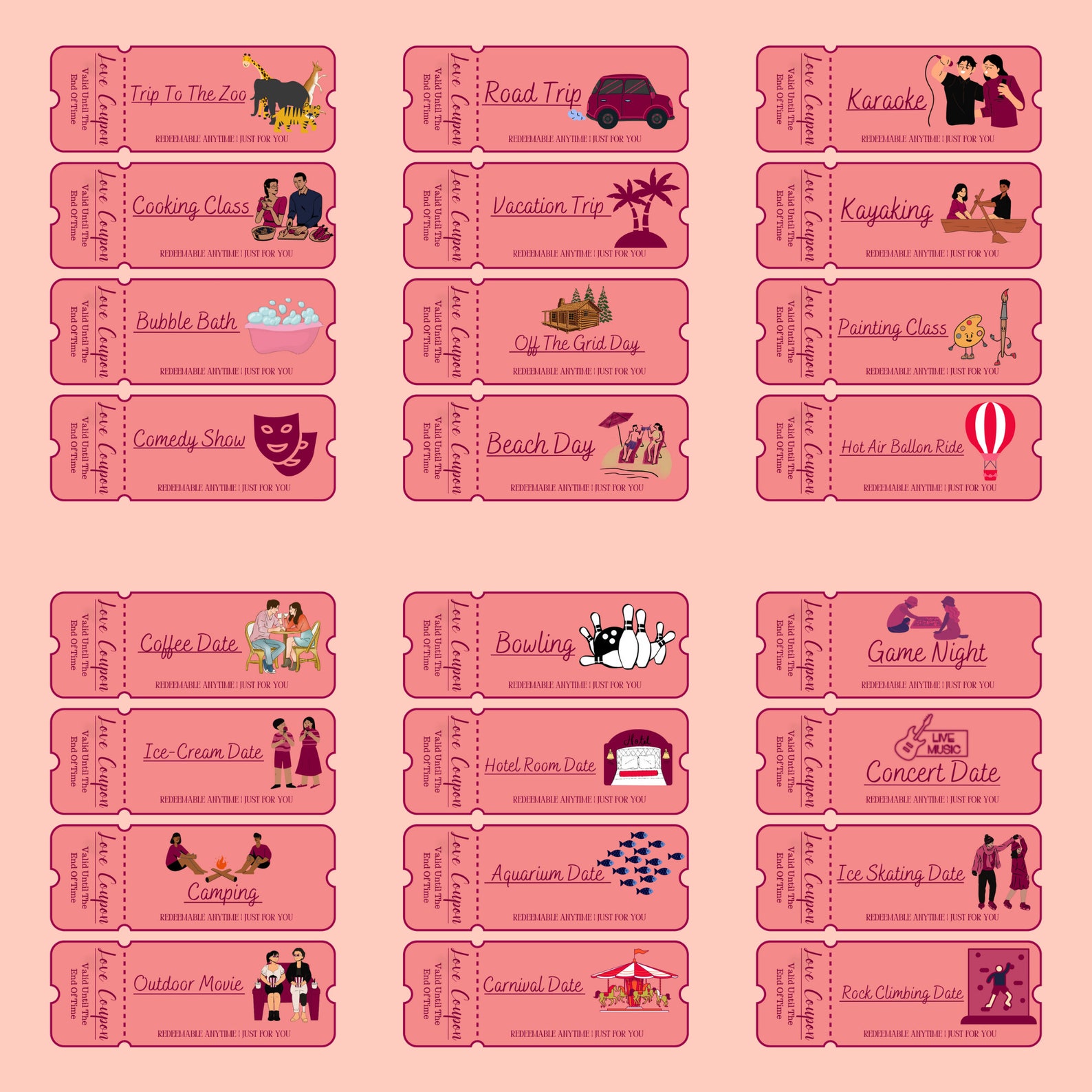 100 Printable Love Coupons for Him and Her, Couple Coupons, Valentines