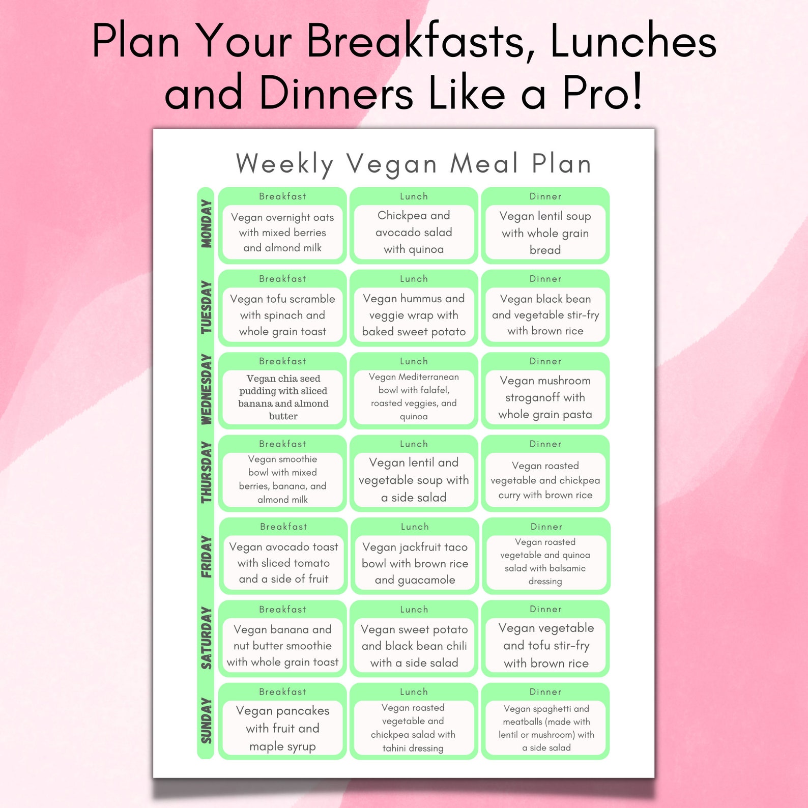 Weekly Vegan Meal Plan + Vegan Grocery List Printable, Shopping List ...