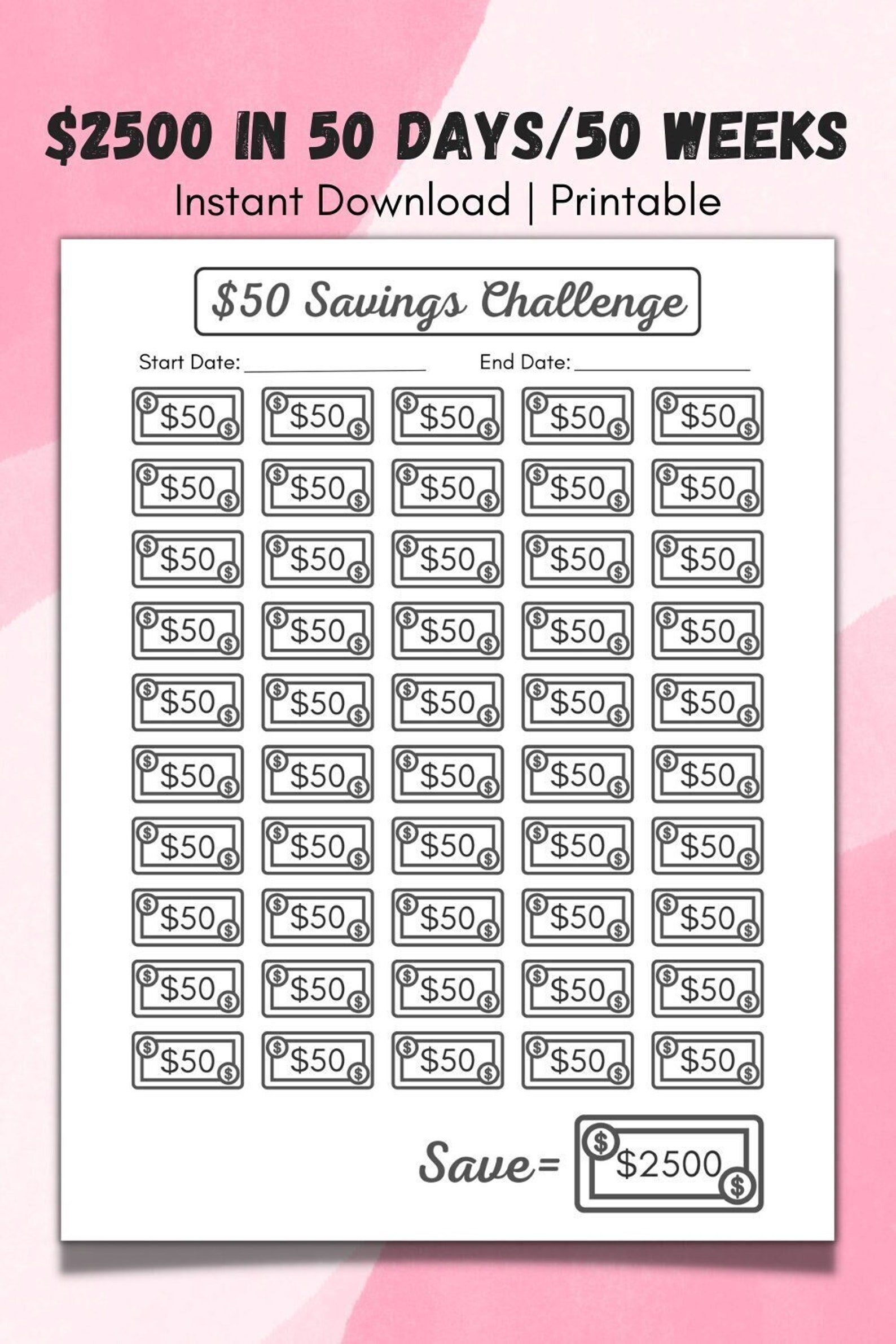 50 Dollar Savings Challenge Printable, Mini Savings Tracker, 50 Day ...