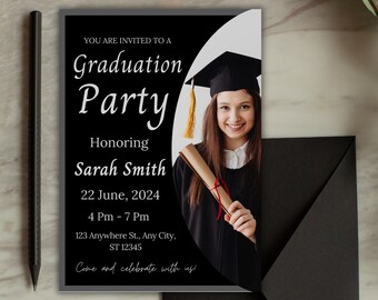 Editable Graduation Party Invitation Canva Template, Grad Party Invite, Digital Graduation Evite, Printable Black Graduation Ceremony Invite