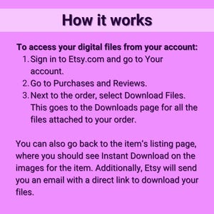 May include: A pink background with white text explaining how to access digital files purchased on Etsy.com. The text includes instructions on how to sign in to your Etsy account, go to Purchases and Reviews, and download files.