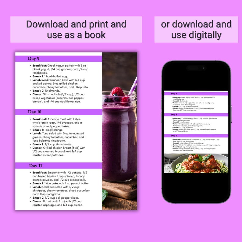 May include: A printable meal plan for 3 days, with a smoothie, avocado toast, and a salad. The meal plan is displayed on a smartphone screen with a photo of a bowl of pasta with meatballs. The text on the screen reads "Day 3", "Breakfast", "Lunch", "Dinner", and "Snack 1" and "Snack 2".