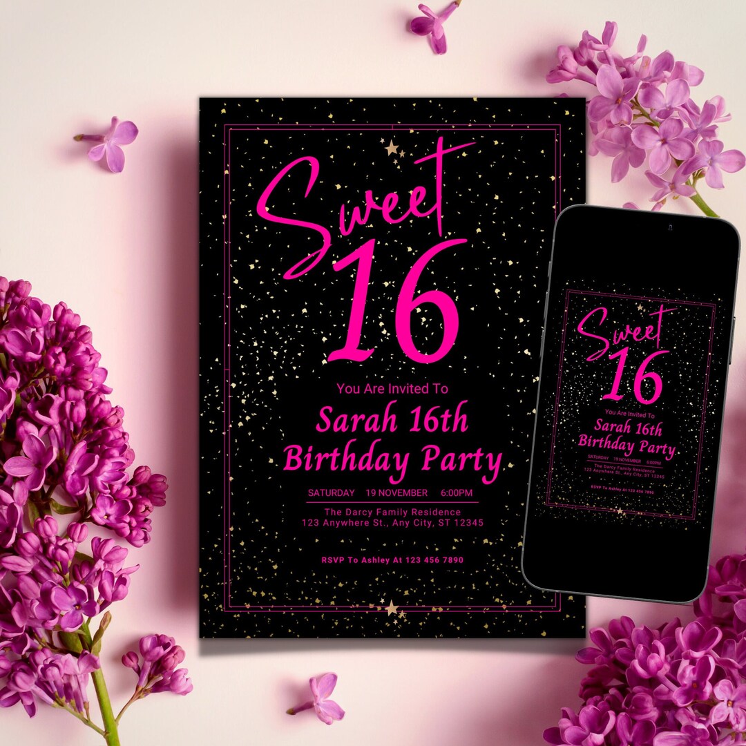 Editable Sweet 16 Birthday Party Invitation Canva Template, Digital