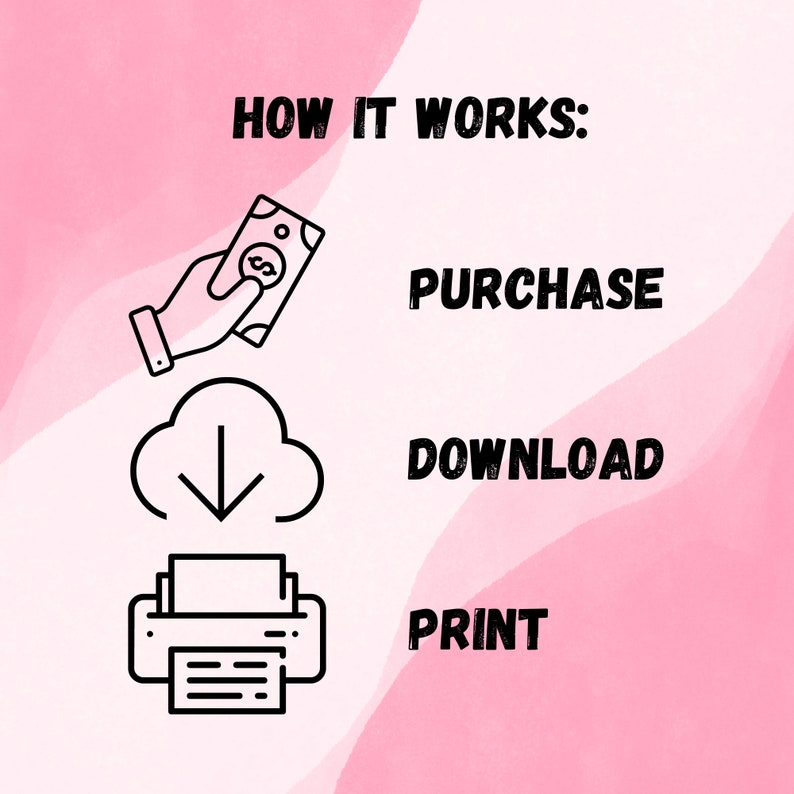 May include: A graphic illustration showing how to purchase, download, and print a digital product. The illustration shows a hand holding money, a cloud with a download arrow, and a printer.