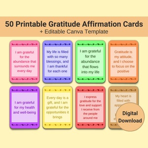 Tarjetas de Afirmaciones de Gratitud Imprimibles, Afirmaciones Diarias, Regalo para Mujeres, Tarjetas de Mindfulness, Tarjetas Digitales Minimalistas, Plantilla Canva