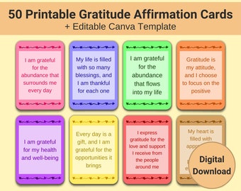 Afdrukbare dankbetuigingskaarten, dagelijkse affirmaties, cadeau voor vrouwen, mindfulness-flashkaarten, minimalistische digitale kaarten, canvassjabloon