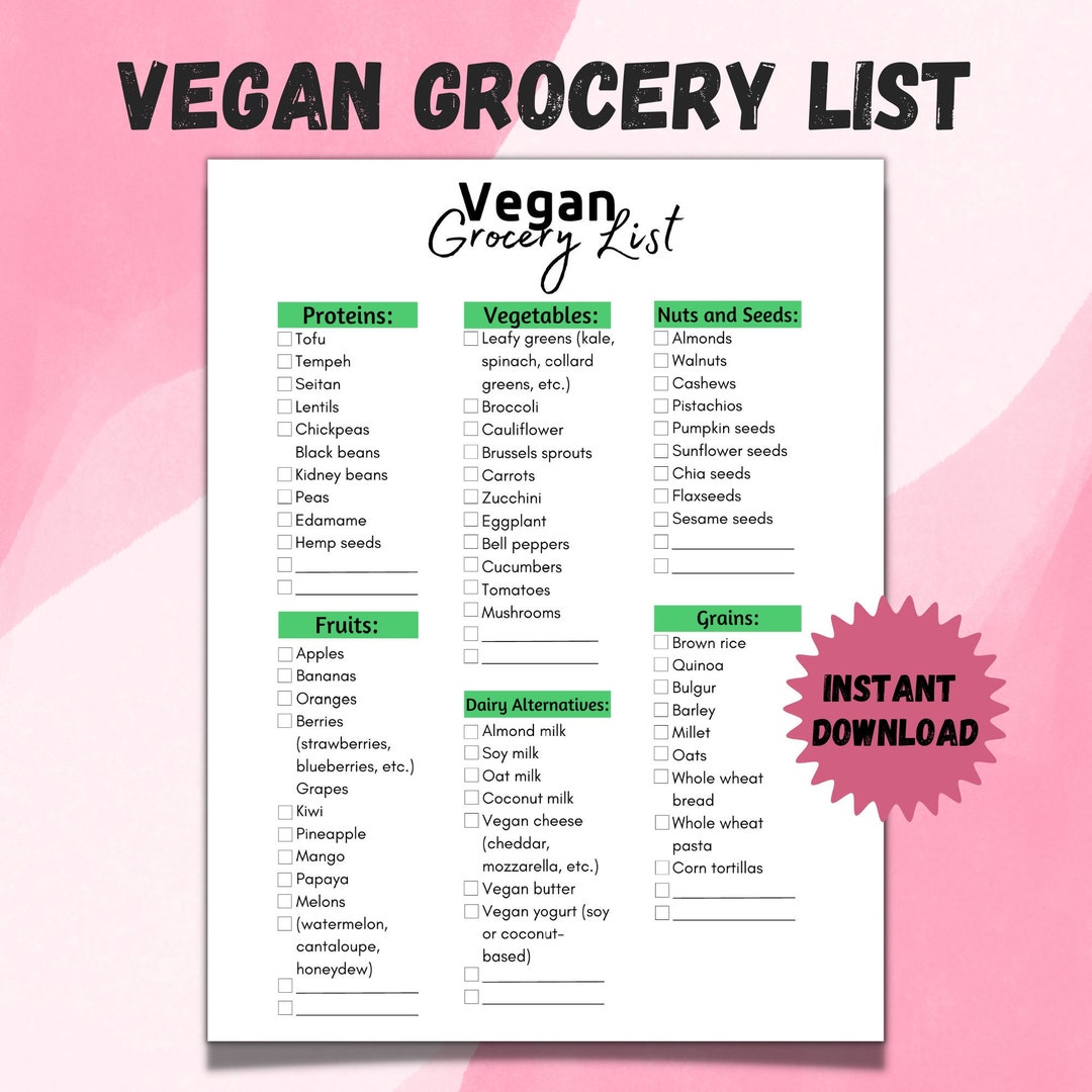 Vegan Grocery List Printable Shopping List Grocery - Etsy