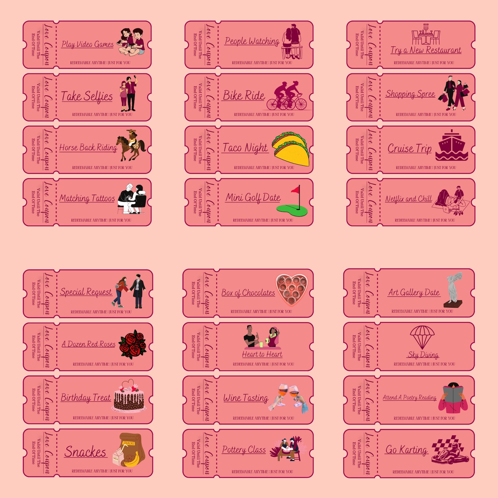 100 Printable Love Coupons for Him and Her, Couple Coupons, Valentines