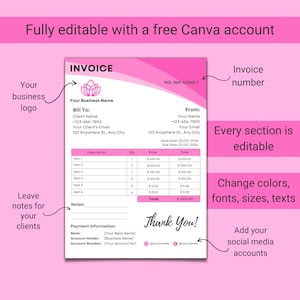May include: Pink and white invoice template with a floral design. The template includes sections for business information, billing details, items, notes, payment information, and a thank you message. The text "Fully editable with a free Canva account" is at the top of the template.