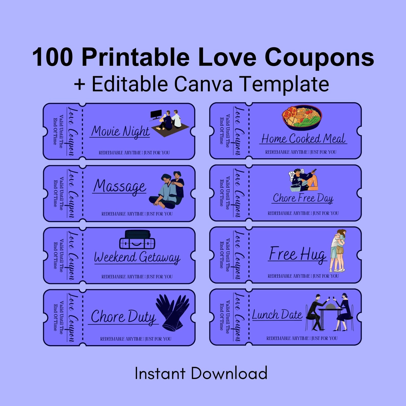 100 Printable Love Coupons for Him and Her, Couple Coupons, Valentines ...