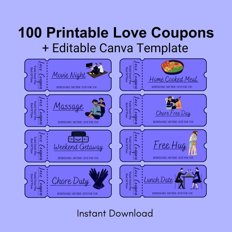 100 Printable Love Coupons for Him and Her, Couple Coupons, Valentines ...