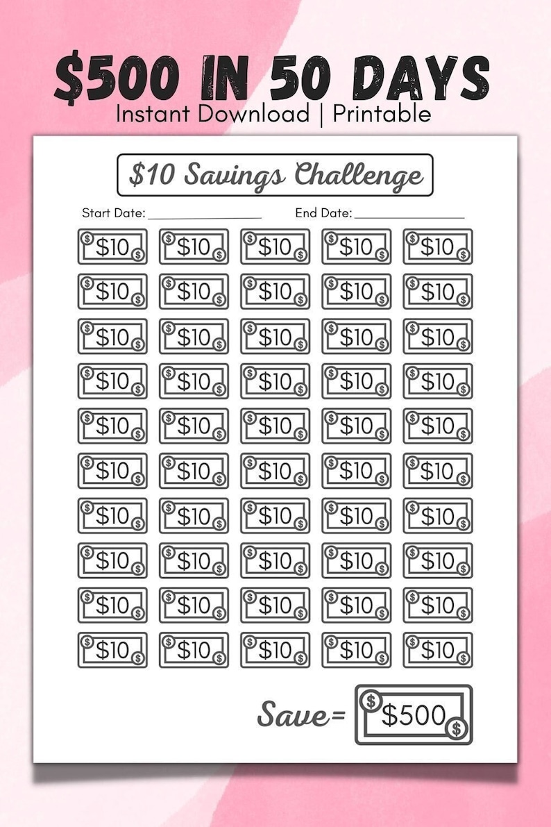 10 Dollar Savings Challenge Printable, Mini Savings Tracker, 50 Day ...