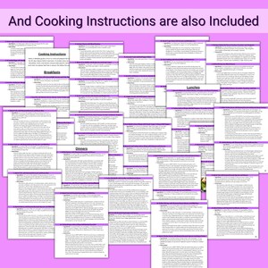 May include: A collection of recipe cards with cooking instructions for various meals, including breakfasts, lunches, and dinners. The cards are printed on white paper with black text and are arranged in a grid pattern on a purple background.