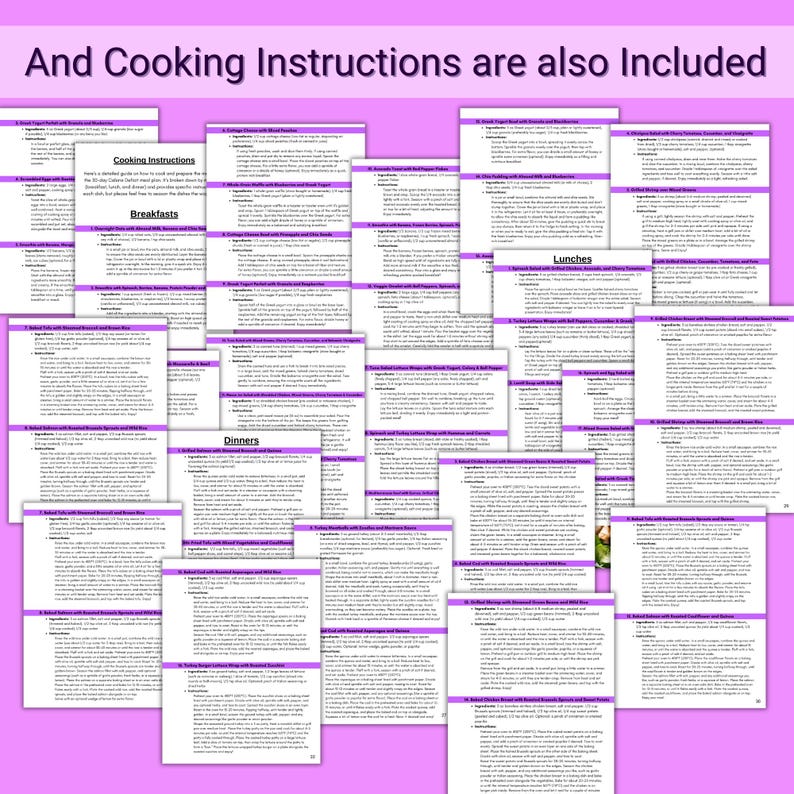 May include: A collection of recipe cards with cooking instructions for various meals, including breakfasts, lunches, and dinners. The cards are printed on white paper with black text and are arranged in a grid pattern on a purple background.