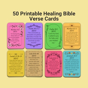 Tarjetas imprimibles de versículos bíblicos de sanación, herramientas de estudio bíblico, tarjetas de memorización de versículos, afirmaciones bíblicas coloridas, regalo cristiano para mujeres