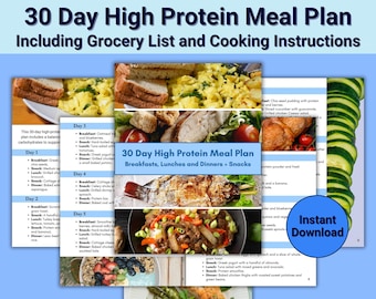 May include: A 30-day high-protein meal plan, including a grocery list and cooking instructions. The plan features images of various meals, such as eggs with toast, fish, and salads. The text includes "Instant Download".