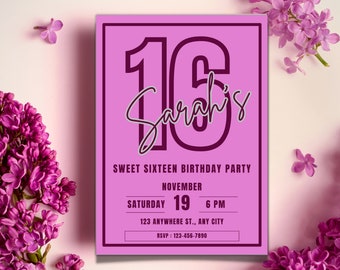 Editable Sweet 16 Birthday Party Invitation Canva Template, Digital 16th Birthday Invite, Printable Purple Sweet Sixteen Party Invite