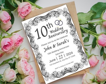 10th Wedding Anniversary Invitation Canva Template, Printable Vow Renewal Evite, Editable Invitations, Digital Invite, Instant Download