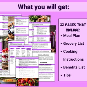 May include: A pink and purple digital planner with the text "What you will get: 32 PAGES THAT INCLUDE: Meal Plan, Grocery List, Cooking Instructions, Benefits List, Tips". The planner includes a meal plan, grocery list, cooking instructions, benefits list, and tips.