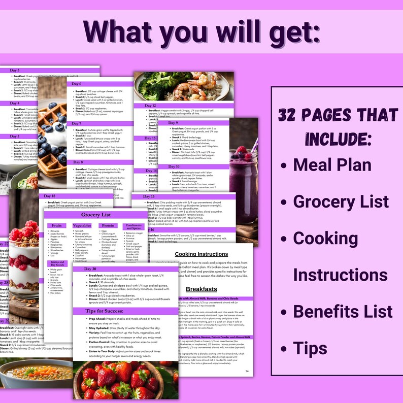 May include: A pink and purple digital planner with the text "What you will get: 32 PAGES THAT INCLUDE: Meal Plan, Grocery List, Cooking Instructions, Benefits List, Tips". The planner includes a meal plan, grocery list, cooking instructions, benefits list, and tips.