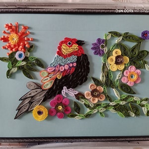 regalo per la festa della mamma, arte di uccelli quilled, arte di carta incorniciata 3D, fatto a mano, arte astratta, regalo di nozze, parete di carta, arte, arte decorativa da parete