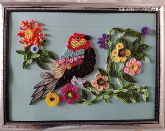 Handgemaakte gequilleerde vogelkunst, 3D-papieren muurdecoratie, ingelijst