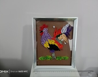 Galo em papel quilling emoldurado, decoração de parede 3D feita à mão
