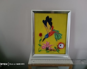 Handgemaakte ingelijste kunst met quilled vogel, 3D-papier wanddecoratie